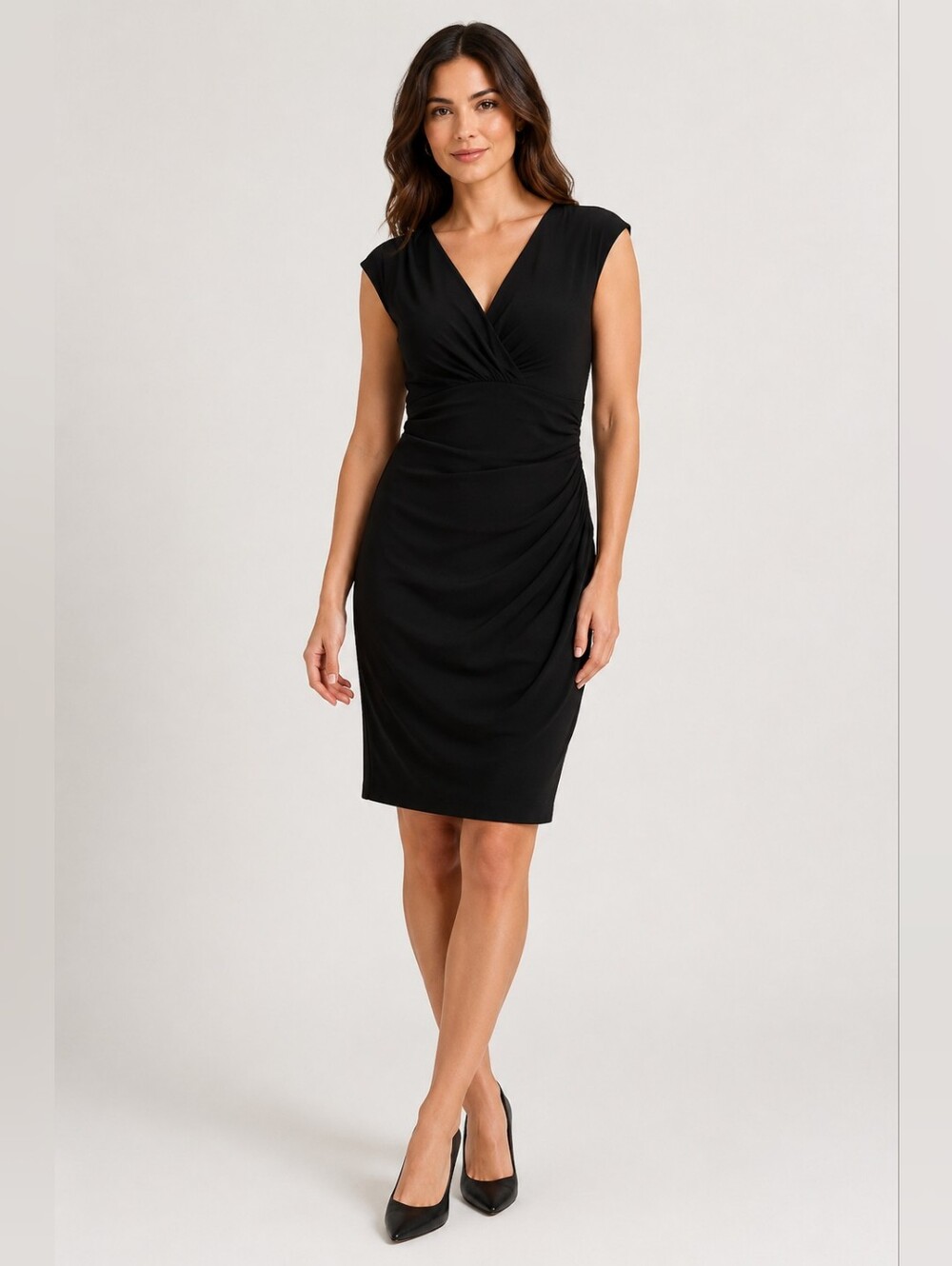 Ralph Lauren Black V-Neck Cap Sleeve Midi Sheath Dress